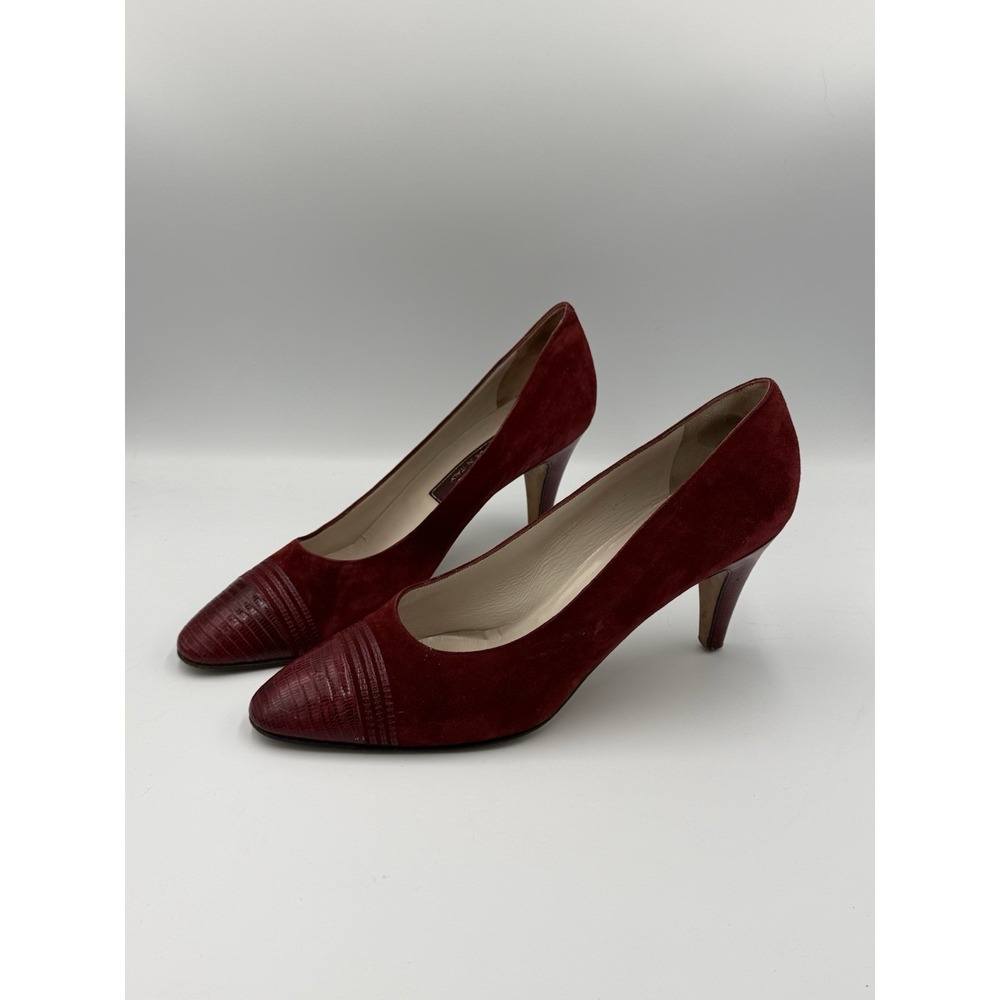 Vintage Bally Suede Pumps High Heels Women's Size 10M Red Leather 90s 3.5" Heel